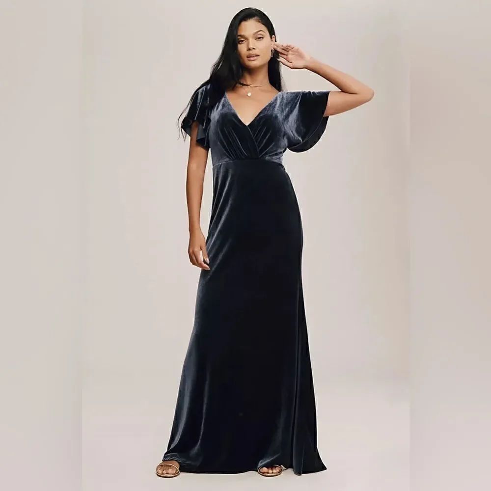 BHLDN Anthropologie Jenny Yoo Ellis Flutter Sleeve Blue Velvet Maxi Gown Dress
